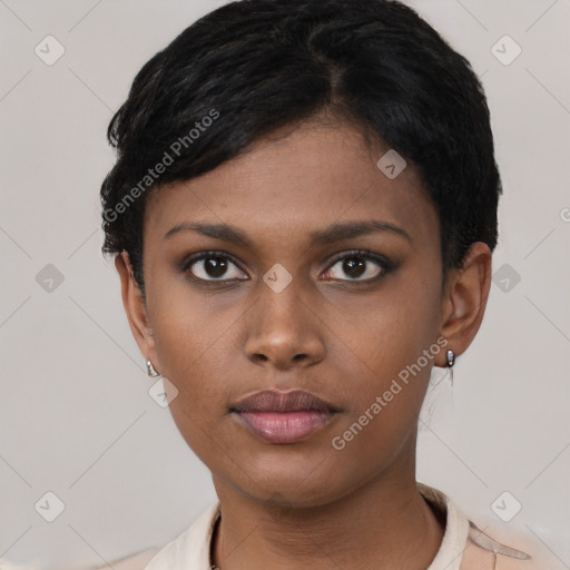 Neutral latino young-adult female with short  black hair and brown eyes