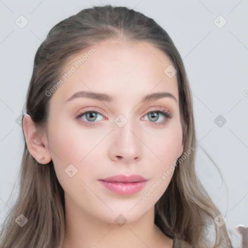 Neutral white young-adult female with long  brown hair and blue eyes