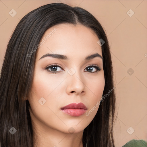 Neutral white young-adult female with long  brown hair and brown eyes