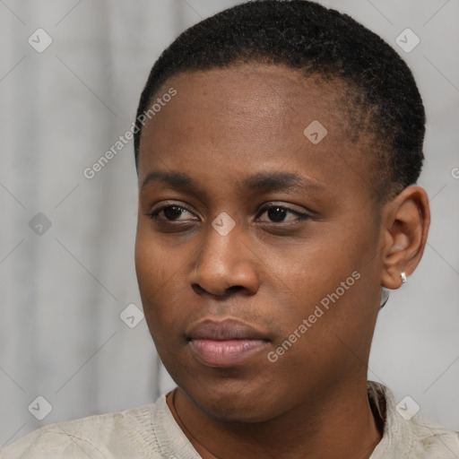 Neutral latino young-adult female with short  black hair and brown eyes