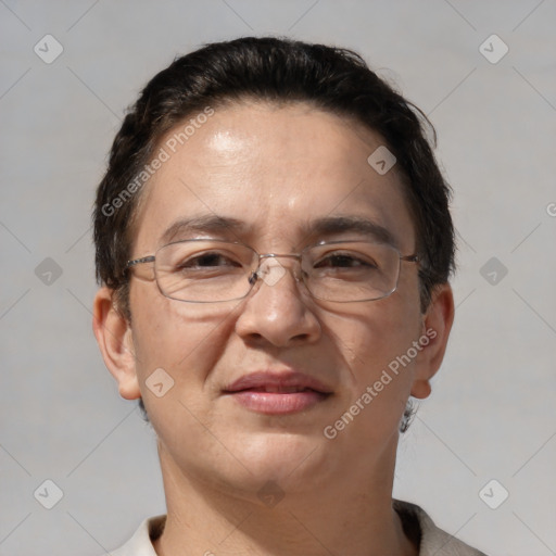 Joyful white adult female with short  brown hair and brown eyes