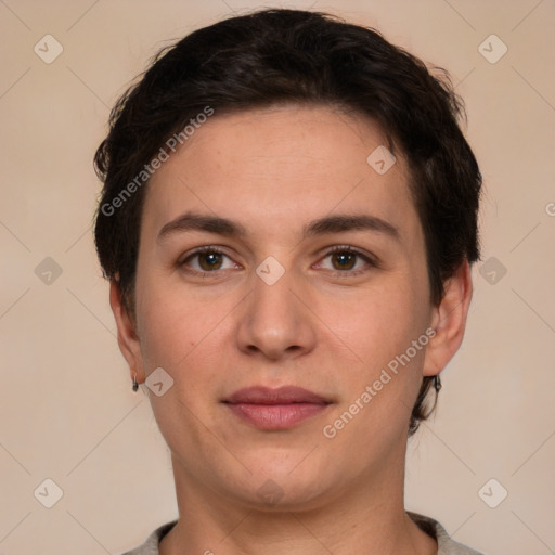 Joyful white young-adult female with short  brown hair and brown eyes