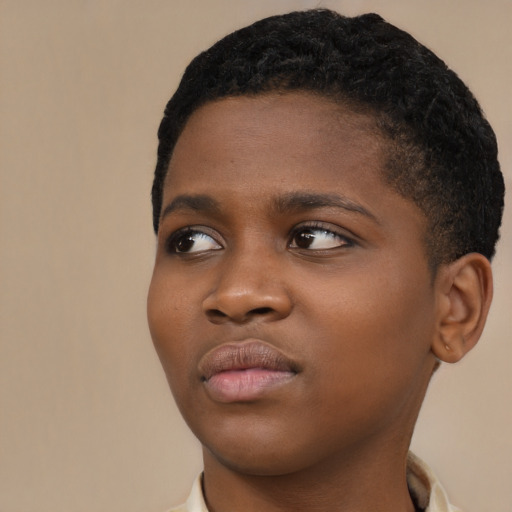Neutral black young-adult female with short  black hair and brown eyes