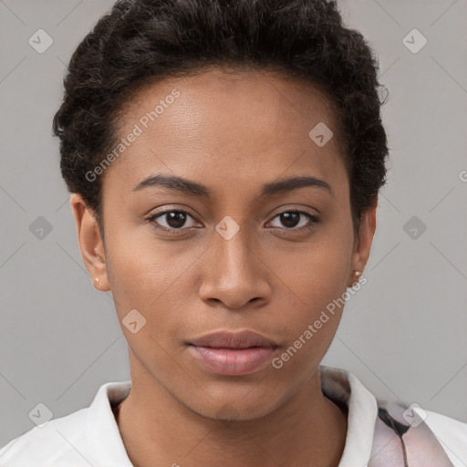 Neutral white young-adult female with short  brown hair and brown eyes