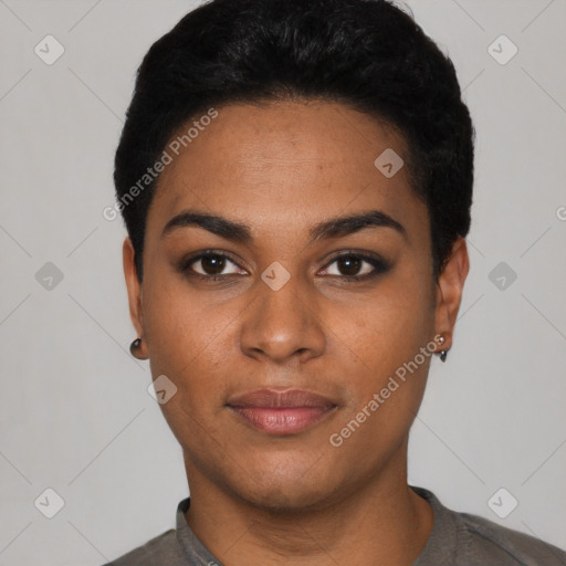 Neutral black young-adult female with short  black hair and brown eyes