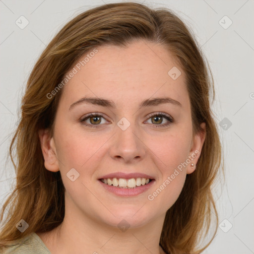 Joyful white young-adult female with medium  brown hair and green eyes