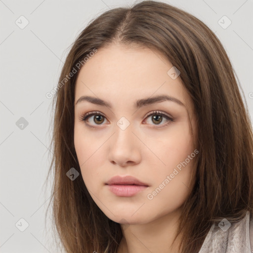 Neutral white young-adult female with long  brown hair and brown eyes