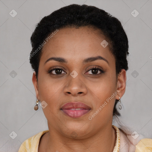 Joyful black young-adult female with short  brown hair and brown eyes