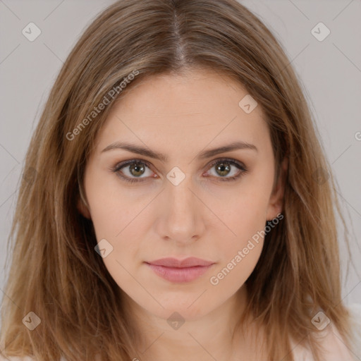 Neutral white young-adult female with long  brown hair and brown eyes