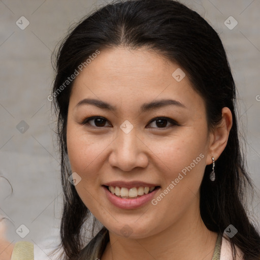 Joyful white young-adult female with medium  brown hair and brown eyes