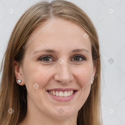 Joyful white young-adult female with long  brown hair and grey eyes