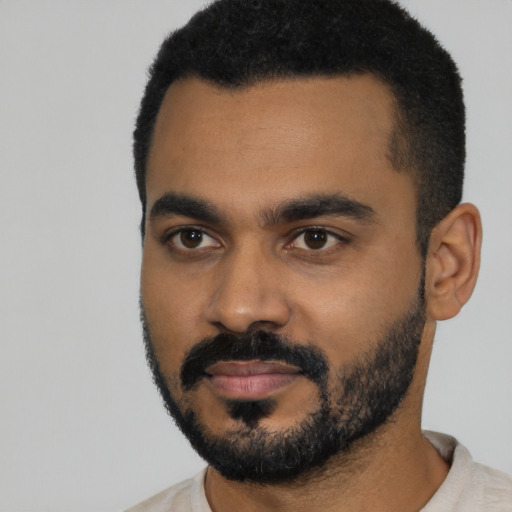 Neutral black young-adult male with short  black hair and brown eyes