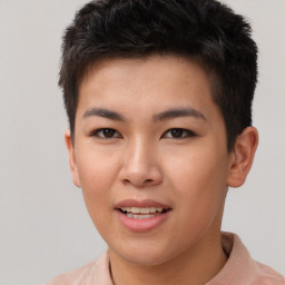 Joyful asian young-adult male with short  brown hair and brown eyes