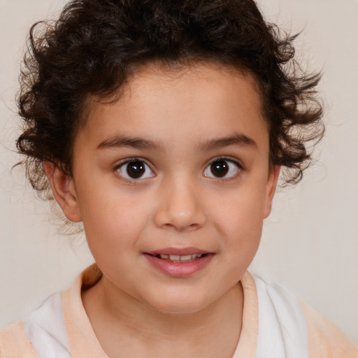 Joyful white child female with medium  brown hair and brown eyes