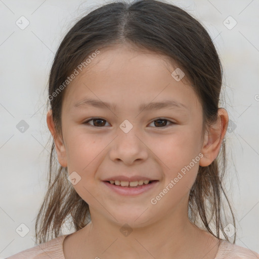 Joyful white child female with medium  brown hair and brown eyes