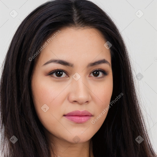 Joyful white young-adult female with long  brown hair and brown eyes