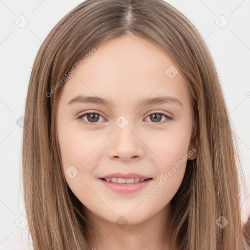 Joyful white child female with long  brown hair and brown eyes