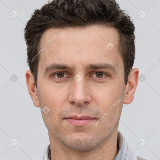 Neutral white adult male with short  brown hair and brown eyes