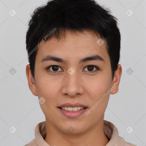 Joyful asian young-adult male with short  brown hair and brown eyes