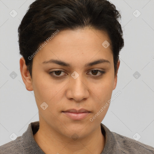 Joyful latino young-adult female with short  brown hair and brown eyes