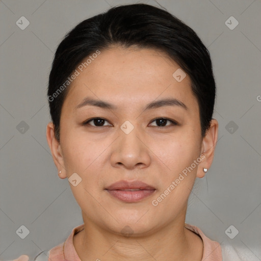 Joyful asian young-adult female with short  brown hair and brown eyes