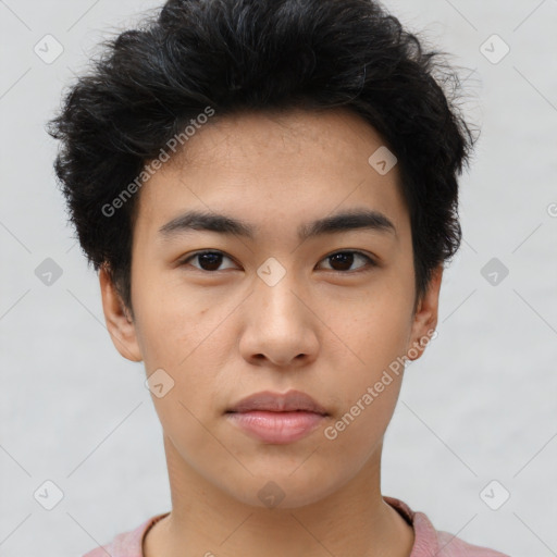 Neutral asian young-adult male with short  black hair and brown eyes