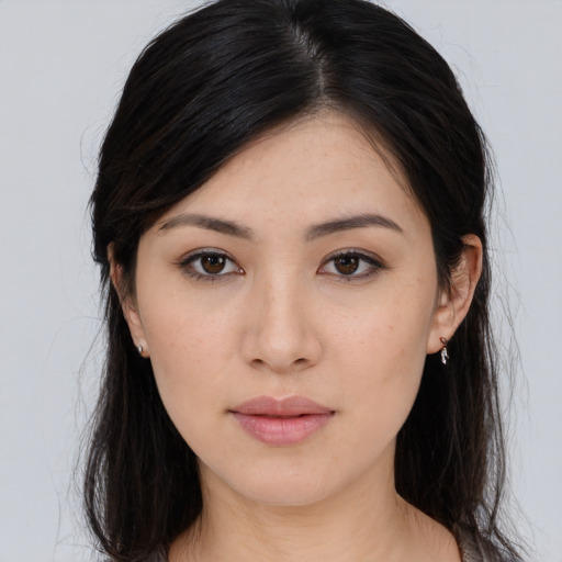Neutral asian young-adult female with long  brown hair and brown eyes