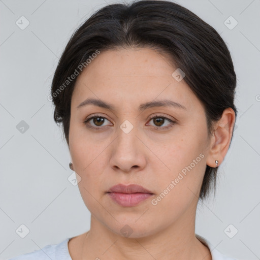 Neutral asian young-adult female with medium  brown hair and brown eyes