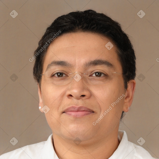 Neutral asian adult male with short  brown hair and brown eyes