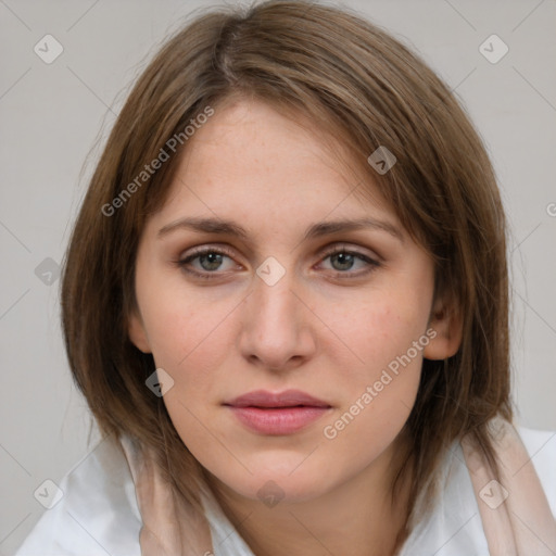 Neutral white young-adult female with medium  brown hair and brown eyes