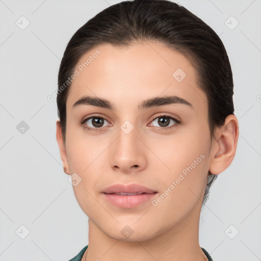 Neutral white young-adult female with medium  brown hair and brown eyes