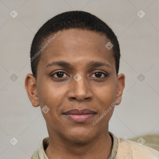 Joyful black young-adult female with short  black hair and brown eyes