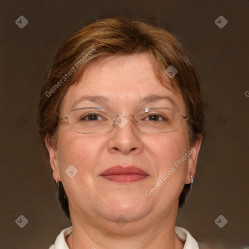 Joyful white adult female with short  brown hair and brown eyes