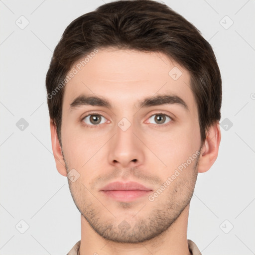 Neutral white young-adult male with short  brown hair and brown eyes