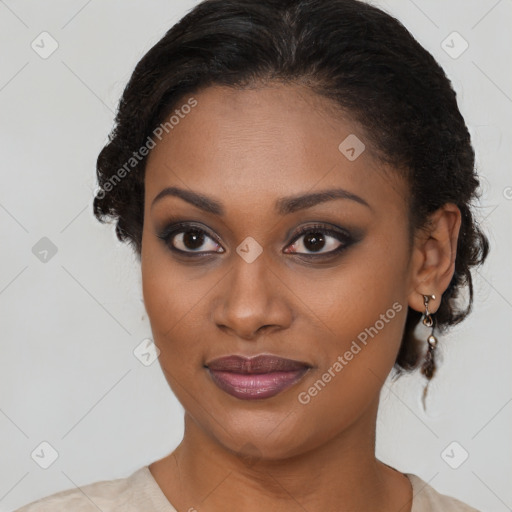 Joyful latino young-adult female with short  brown hair and brown eyes