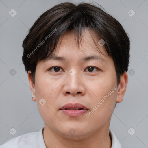 Neutral asian adult female with short  brown hair and brown eyes