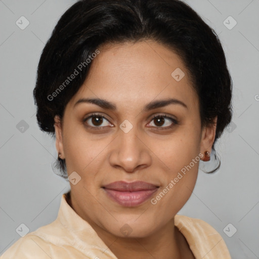 Joyful latino young-adult female with medium  brown hair and brown eyes