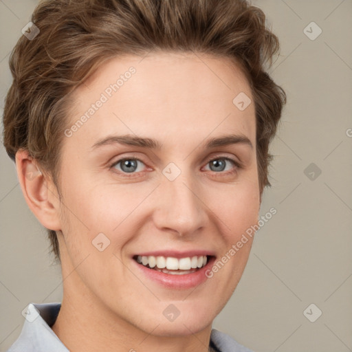 Joyful white young-adult female with short  brown hair and grey eyes