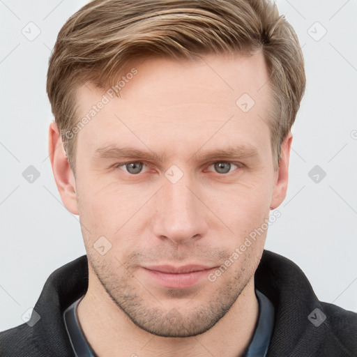 Neutral white young-adult male with short  brown hair and grey eyes