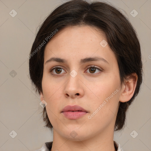 Neutral white young-adult female with medium  brown hair and brown eyes