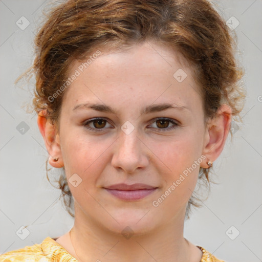 Joyful white child female with medium  brown hair and brown eyes