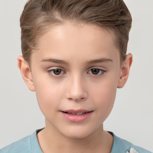 Joyful white child female with short  brown hair and brown eyes