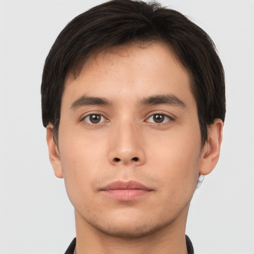 Neutral asian young-adult male with short  brown hair and brown eyes