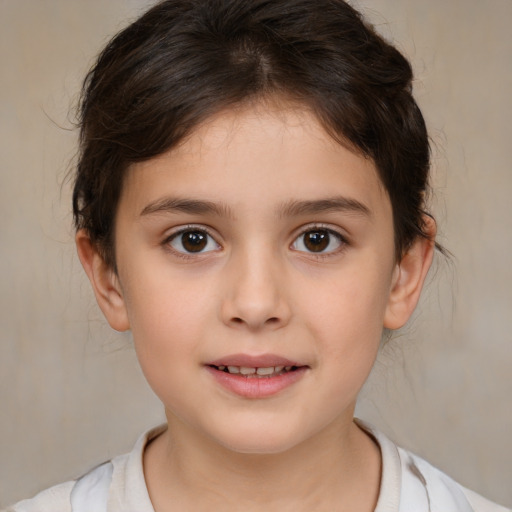 Joyful white child female with medium  brown hair and brown eyes