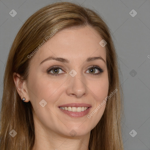 Joyful white young-adult female with long  brown hair and brown eyes