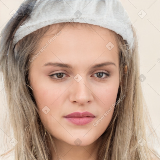 Neutral white young-adult female with long  brown hair and brown eyes