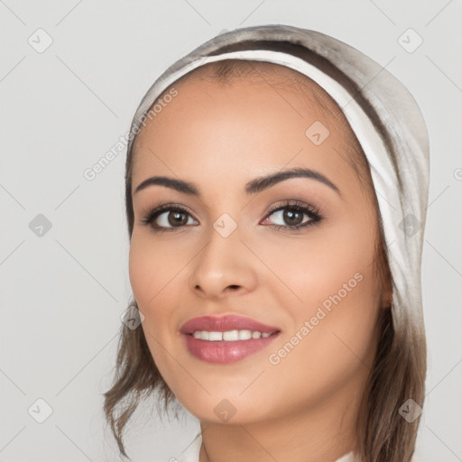 Joyful white young-adult female with long  black hair and brown eyes