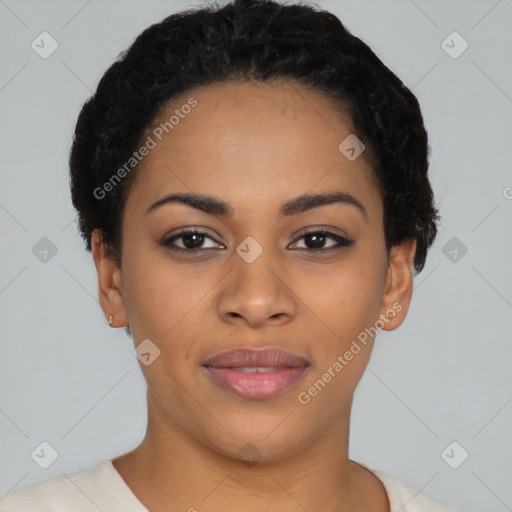 Joyful latino young-adult female with short  black hair and brown eyes