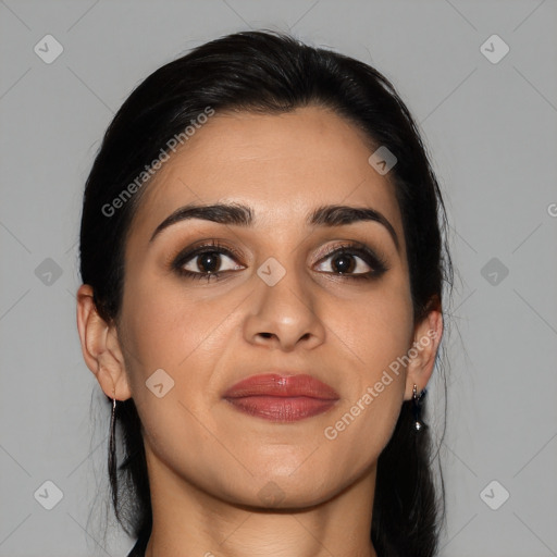 Joyful latino young-adult female with medium  brown hair and brown eyes