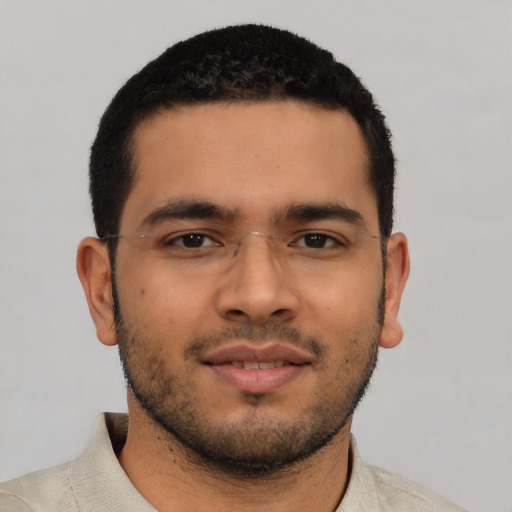 Neutral latino young-adult male with short  black hair and brown eyes
